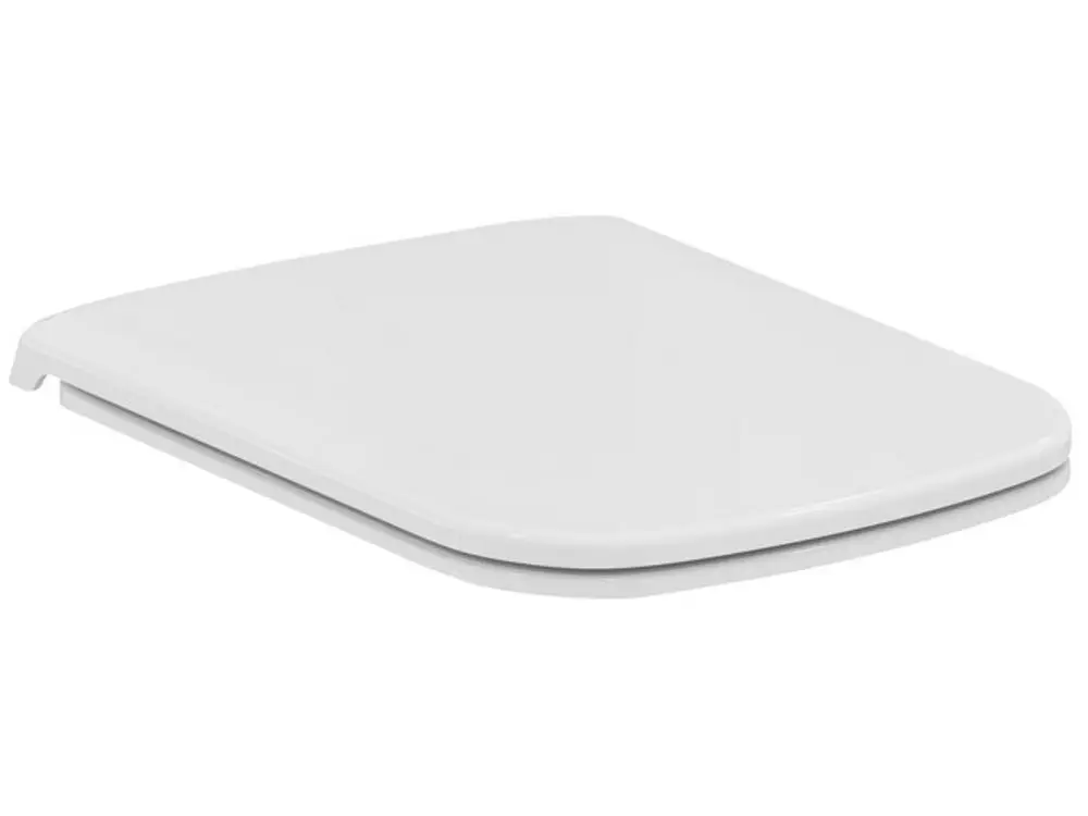 Ein weißer WC-Sitz mit flacher Form und Softclose-Funktion, hergestellt von Ideal Standard. Er bietet eine schlichte Gestaltung ohne sichtbare Befestigungen.